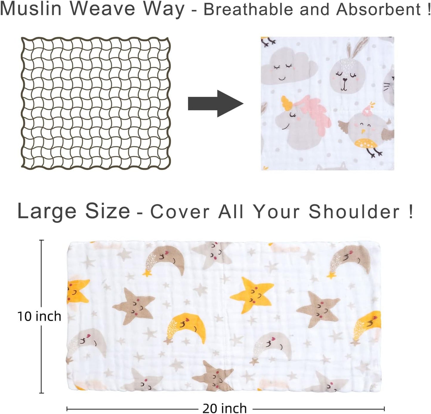 Viviland Baby Muslin Burp Cloths, 10 x 20 inches 6-Layer Baby Bath Towels, 100% Cotton Super Absorbent Washcloths for Baby Girl and Boy, Pink Heart & Star Pattern 4 Pack