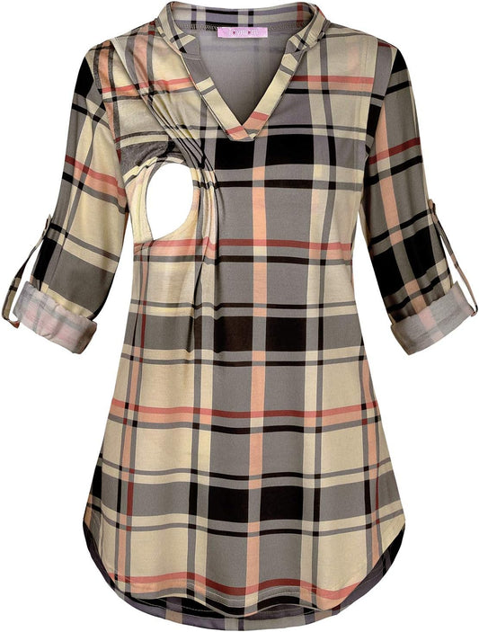 Joymom Maternity Rolled Long Sleeve Nursing Tops Tunic Blouses Breastfeeding