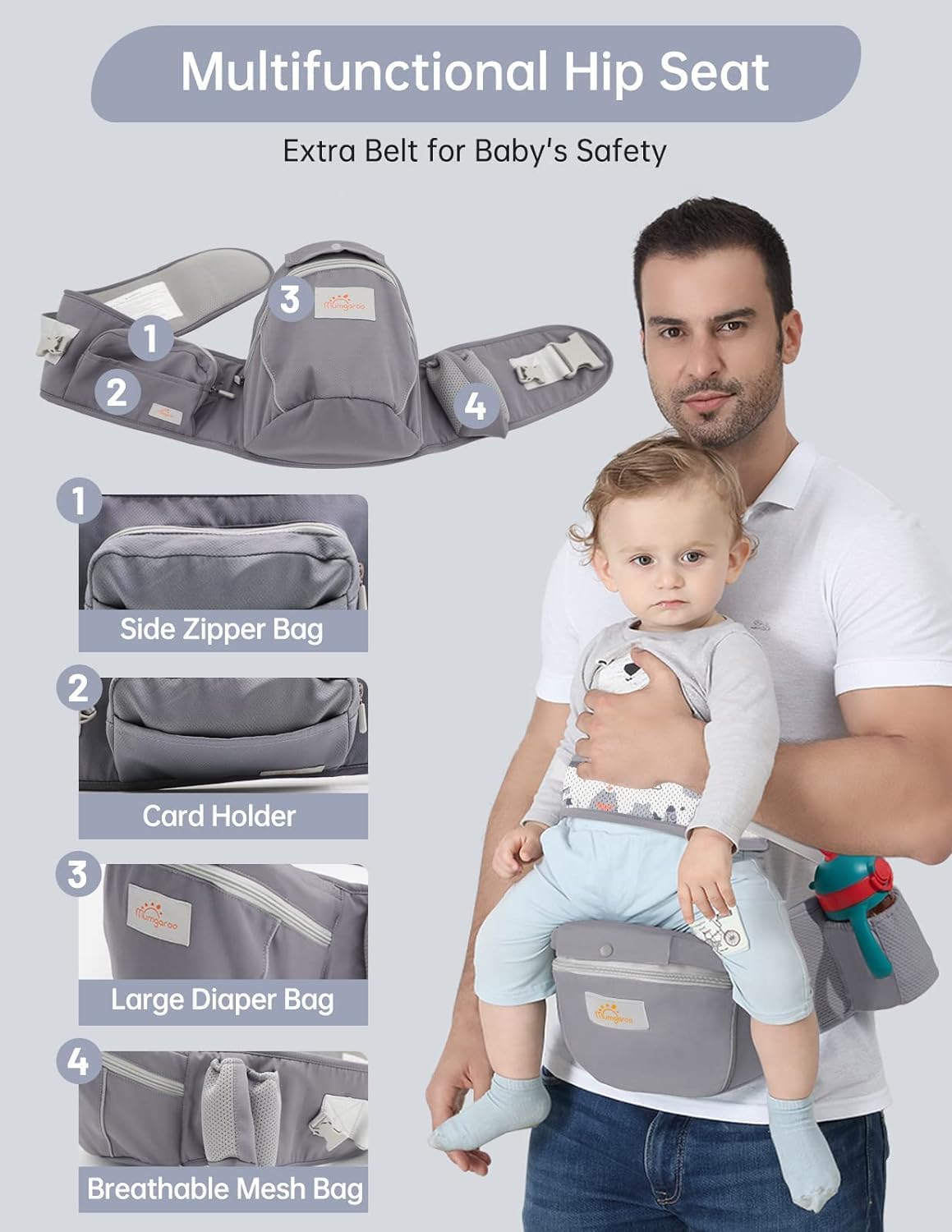 Baby Carrier with Hip Seat, 6 in 1 Baby Carrier Newborn to Toddler, Adjustable Infant Carrier with Hood, All Seasons & All Position Baby Holder Carrier for 0-36 Months