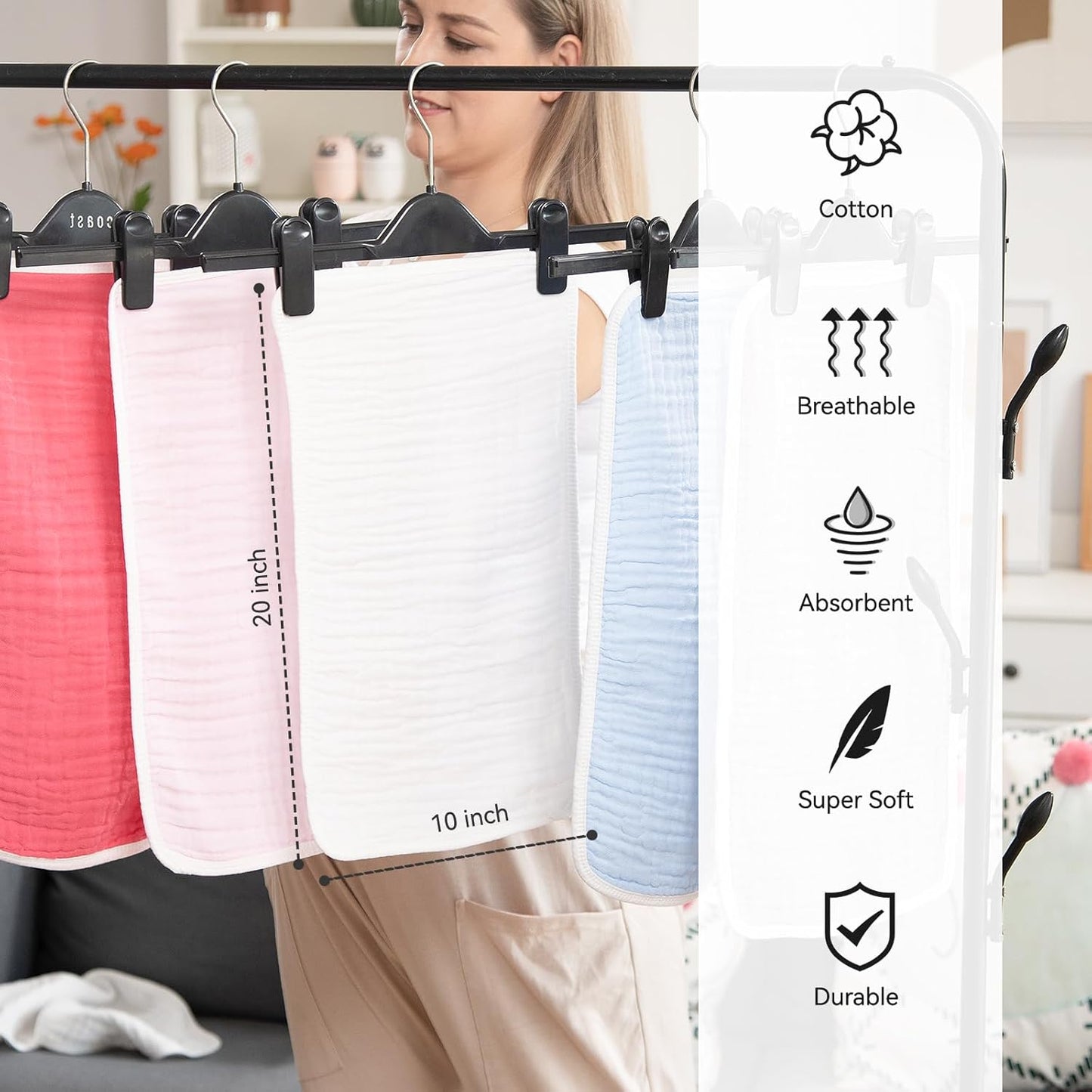 Synrroe Burp Cloths Large, Muslin Burp Cloths for Baby Girls and Boys, Pack of 10 Extra Absorbent and Soft Muslin, 6 Layers 20 by 10 Inches 100% Cotton (White 10 Pack)