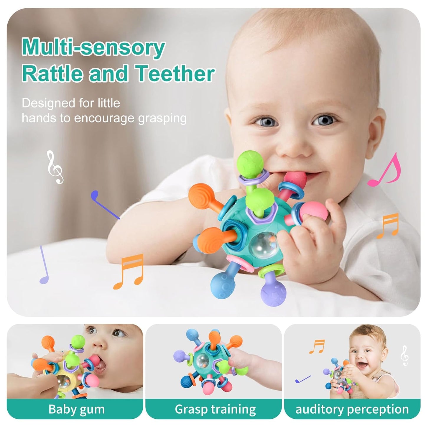Baby Montessori Teething Toys for 0-6 6-12 Months Infant Teethers Sensory Toys for Babies 0 3 6 9 12 18 Months Learning Developmental Chew Rattle Toys Shower Gifts for 1 2 Year Old Girls Boys White
