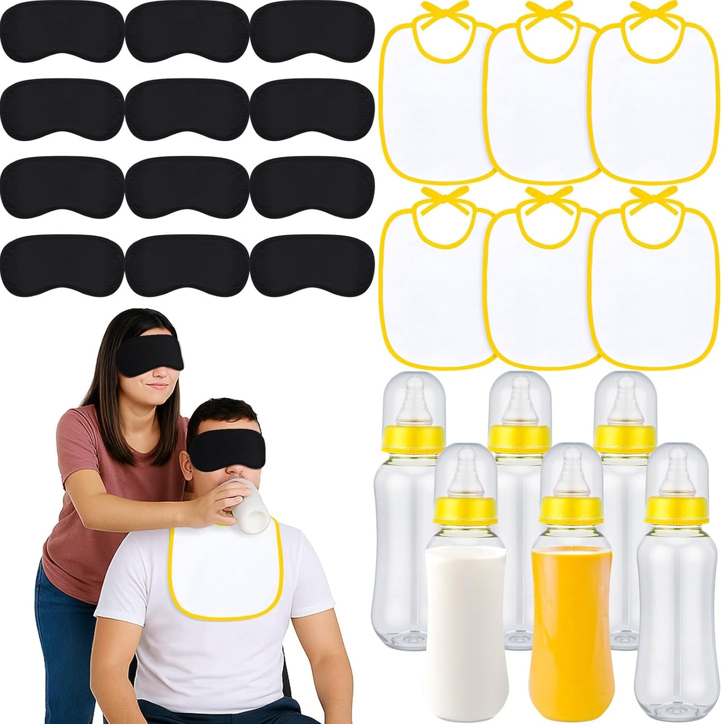 Leinuosen 24 Pcs Baby Shower Blindfold Feeding Game Set Include 6 Plastic Chug Bottles 6 Bib and 12 Eye Mask Blindfold Baby Feeding Bottle Chug Game for Adult Gender Reveal Party Supplies(Yellow)