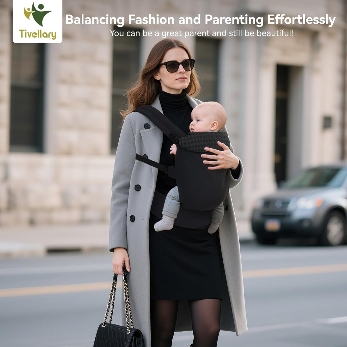 Reversible Baby Carrier – Black Solid & Houndstooth; Lightweight & Breathable Lyocell Fabric; Ergonomic Lumbar Support and Quick Hands-Free Wear for Newborn to Toddler (7–44 lbs)