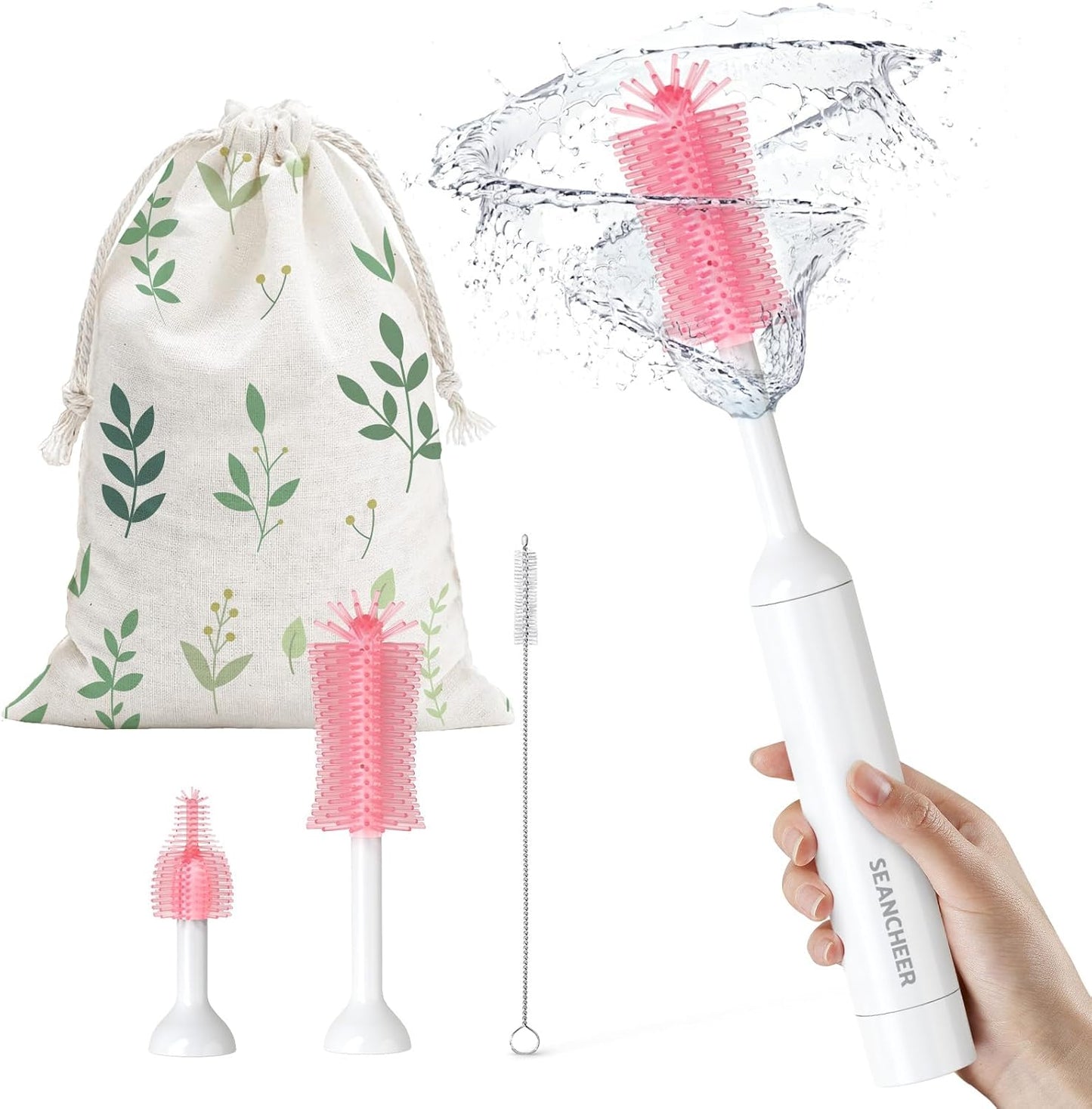 SEANCHEER S02 Electric Bottle Brush Set, Portable Baby Bottle Brush Cleaner, AA Battery-Powered & IPX7 Waterproof, with Silicone Bottle/Nipple/Straw Brush, for Home & Travel (Pink)