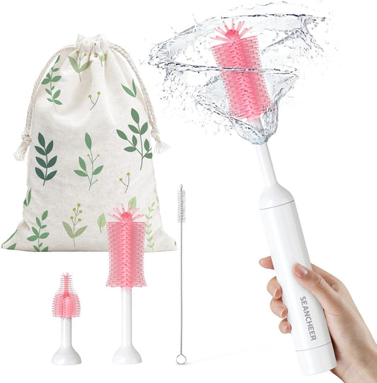SEANCHEER S02 Electric Bottle Brush Set, Portable Baby Bottle Brush Cleaner, AA Battery-Powered & IPX7 Waterproof, with Silicone Bottle/Nipple/Straw Brush, for Home & Travel (Pink)