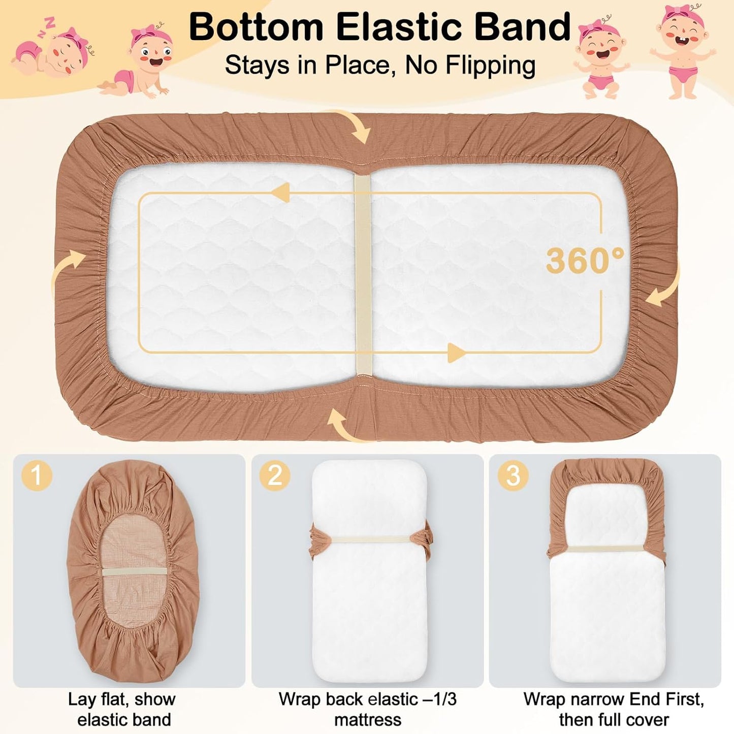 Baby Bassinet Sheets TPU Waterproof 2 Pack Soft Muslin Bedside Bassinet Mattress Sheets with Bottom Elastic Band for Baby Boy Girls Unisex Fit Hourglass Oval and Rectangle, White Rainbow