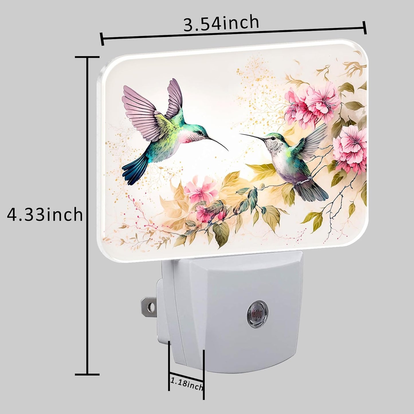 Watercolor Hummingbird Night Light, Pink Flowers Leaves Nightlight Plug into Wall with Dusk to Dawn Sensor for Kid Girls Boys Women Men Bedroom, Hallway, Kitchen, Bathroom, Stairs Decor