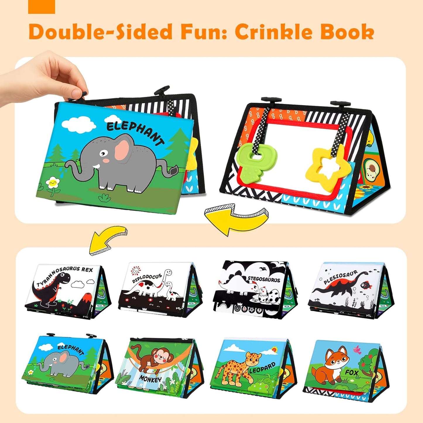 Baby Toys 0-6 Months - Tummy Time Toy Black and White High Contrast Newborn Toys - Baby Mirror with Cloth Book Teether - Montessori Sensory Crinkle Toy for Infant 0-3-6-12 Month Boy Girl Shower Gifts