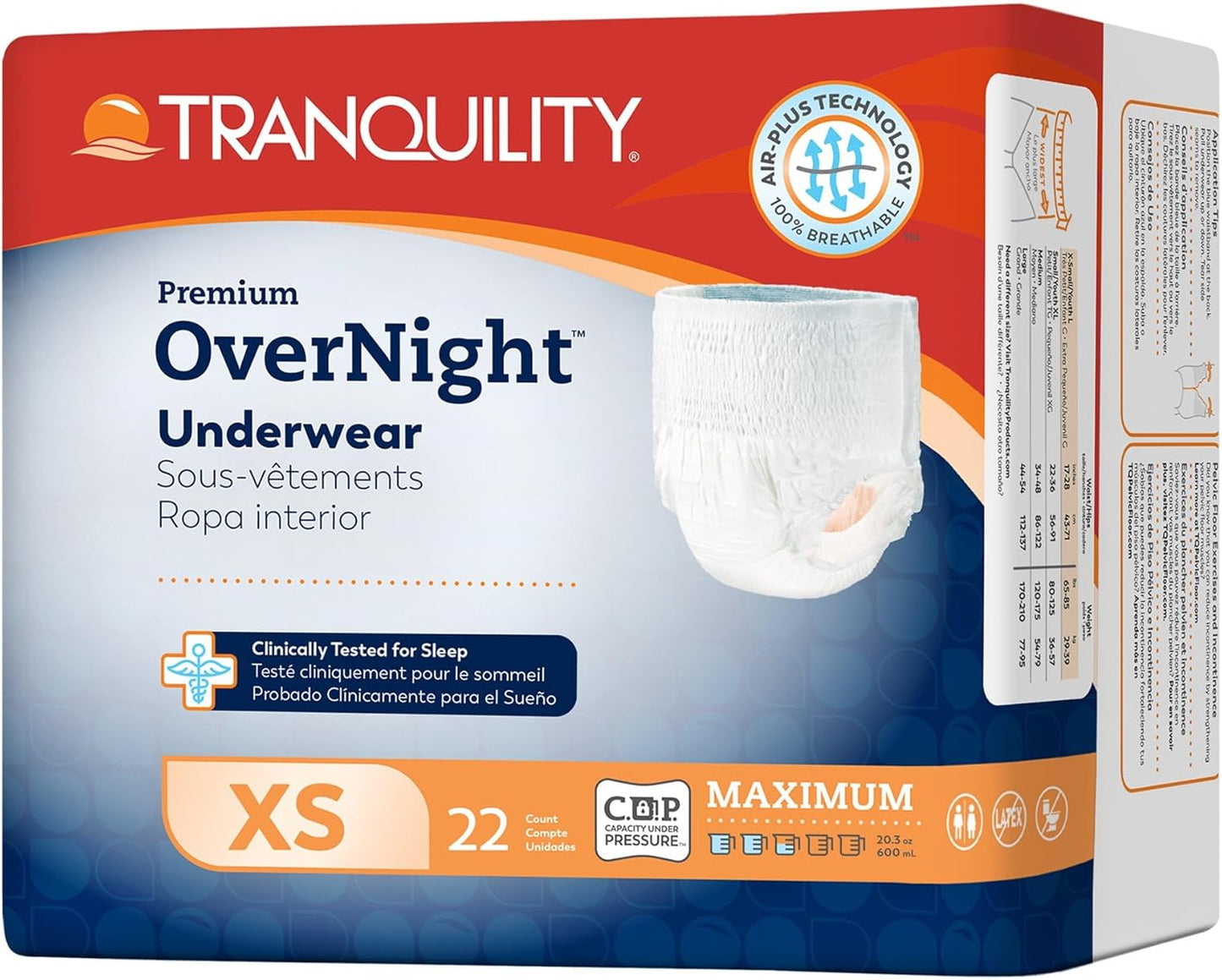 Tranquility Premium OverNight Disposable Absorbent Underwear (88 Count) - XS, 17-28 in. Waist - Maximum Absorbency, All-Night Sleep, Breathable Comfort, 88 Adult Diapers
