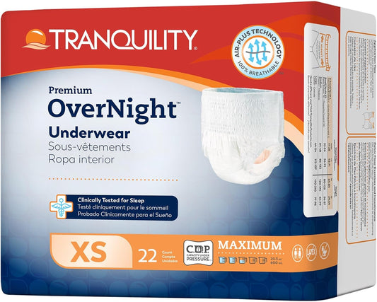 Tranquility Premium OverNight Disposable Absorbent Underwear (88 Count) - XS, 17-28 in. Waist - Maximum Absorbency, All-Night Sleep, Breathable Comfort, 88 Adult Diapers