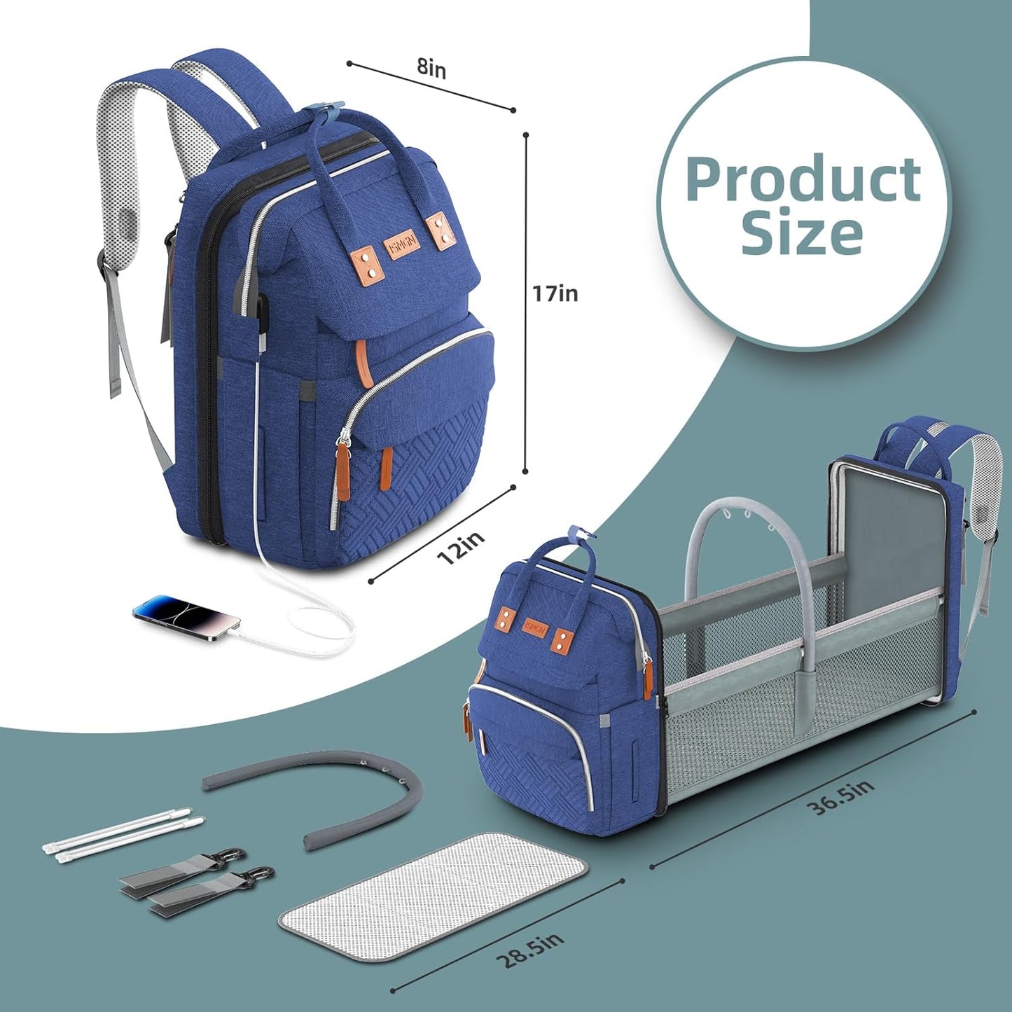 Diaper Bag Backpack, Large Diaper Bag, Multifunctional Diaper Bag, Baby Bag, Navy Blue