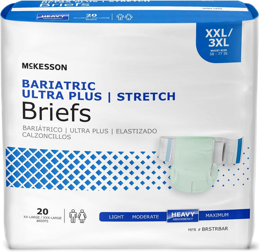 McKesson Ultra Plus Stretch Briefs, [20 Count], XXL/3XL, 58-77 in. Incontinence Adult Diapers, Heavy Absorbency, Unisex, Disposable, Elastic Leg Gathers and Contoured Fit for Men and Women