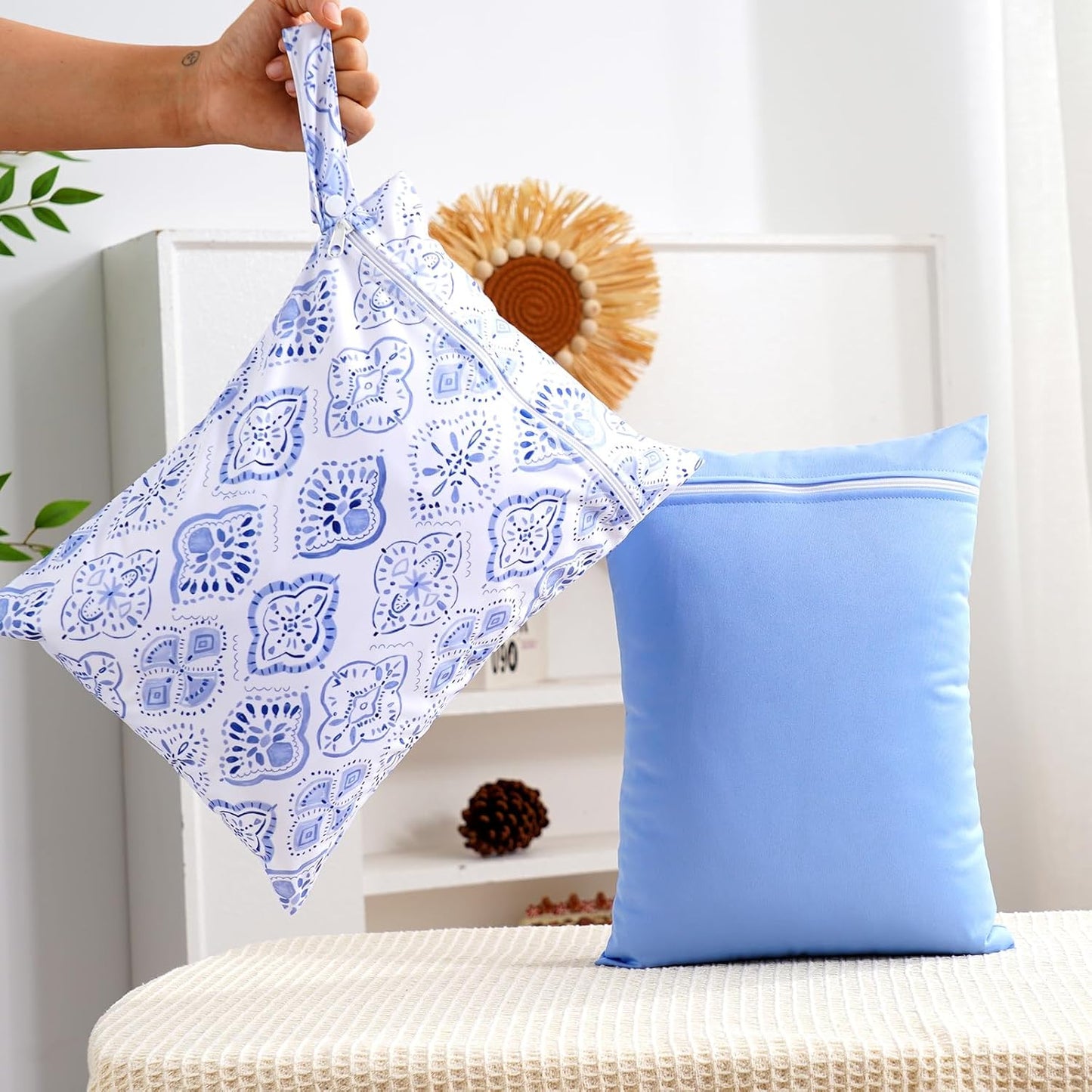 2Pcs Baby Wet Dry Bags for Cloth Diaper,Waterproof Reusable Travel Bags, Beach, Pool, Gym Bag for Swimsuits, Beach Vacation Essentials (Plain Pattern)