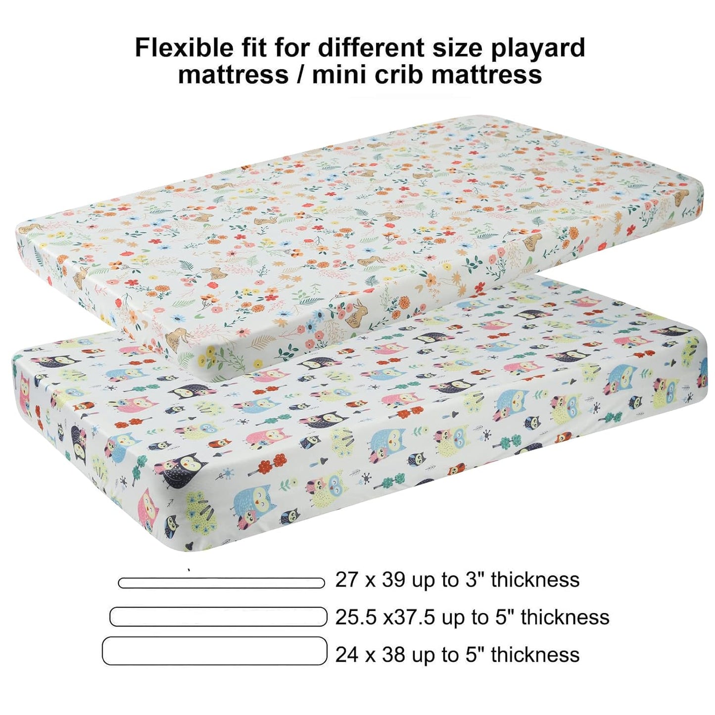 Onacosht Pack n Play Fitted Sheets for Baby Girl 2 Pack Set Soft Jersey Knit Sheets for Mini Crib Mattress and Playard Mattress, Rabbit Floral and Owl Printing