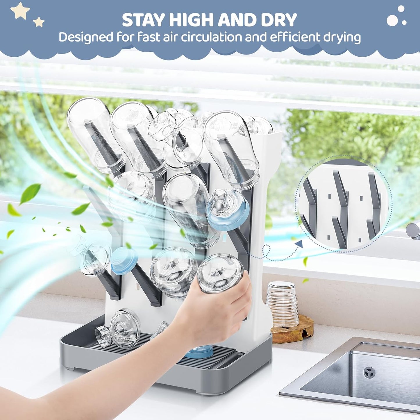 Baby Bottle Drying Rack, Baby Bottle Organizer for Countertop, Bottle Holder for Baby- Space Saving Standing Drying Rack for Baby Bottles and Brushes Part Cleaning (Gray)