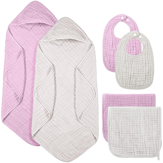 6 Pcs Muslin Hooded Bath Towels Washcloths and Bibs Set, Muslin Cotton Baby Towels Absorbent Hooded Blanket Towel Infant Bibs for Boys Girls Newborn Infant Essentials(White,Pink)