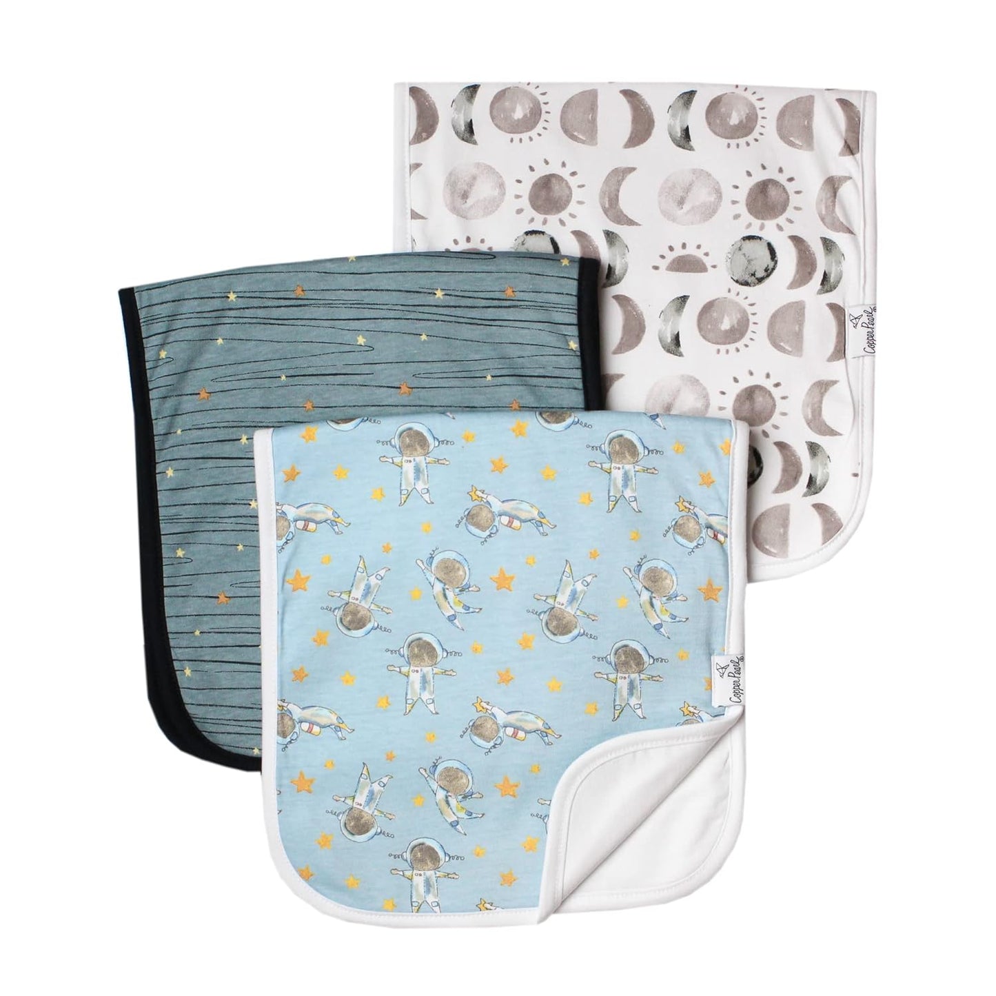 Copper Pearl Premium Baby Burp Cloths - 3-Pack Large Cotton Burp Cloths, Extra Soft Spit Up Rags with 3 Absorbent Layers, Perfect for Baby Boy and Baby Girl Gifts (21" x 10" Size, Neil Set)