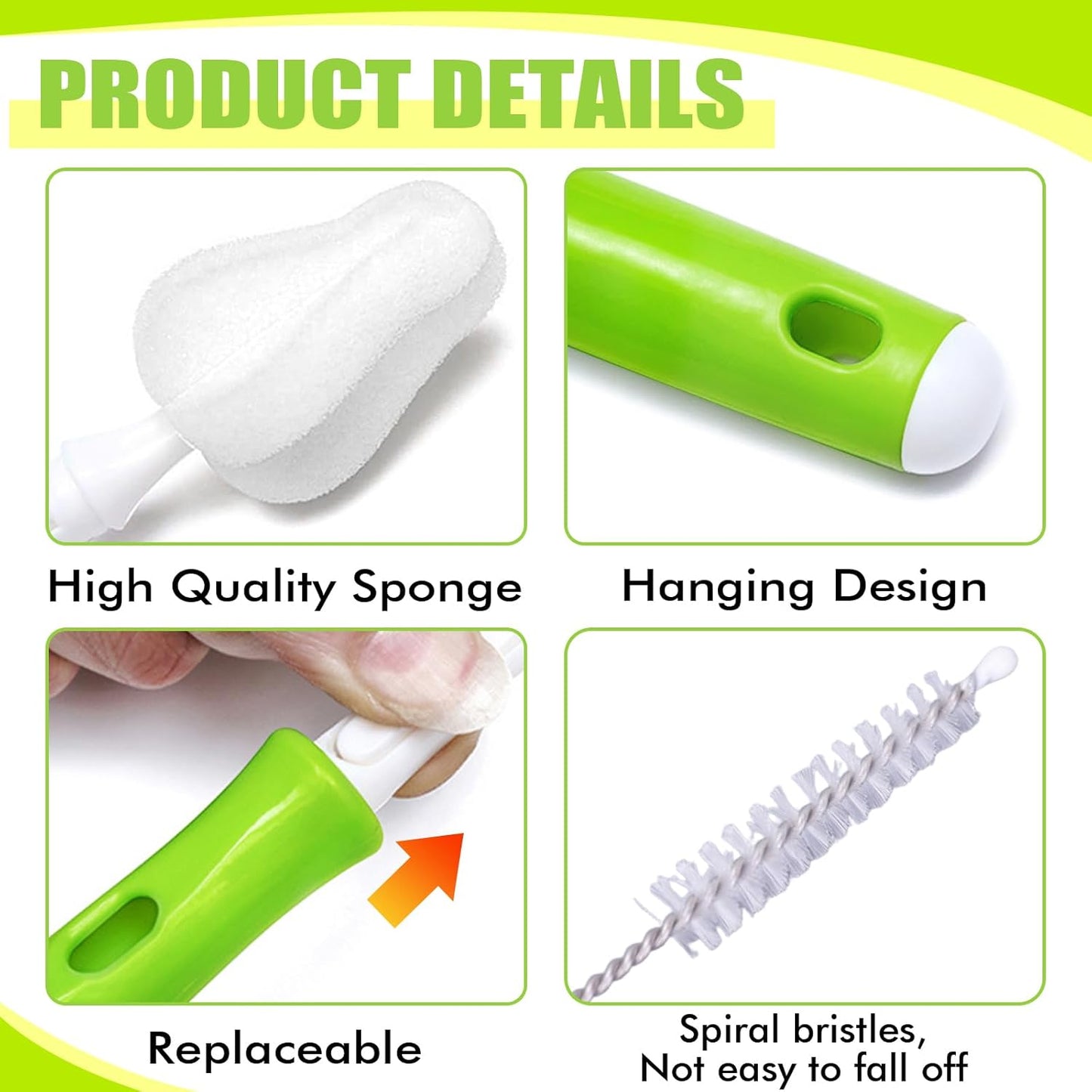 INVODA 24 PCS Sponge Nipple Bottle Brushes, Baby Bottle Brush with 8 PCS Nipple Cleaner, 8 PCS Replacement Heads and 8 PCS Straw Brushes (White)