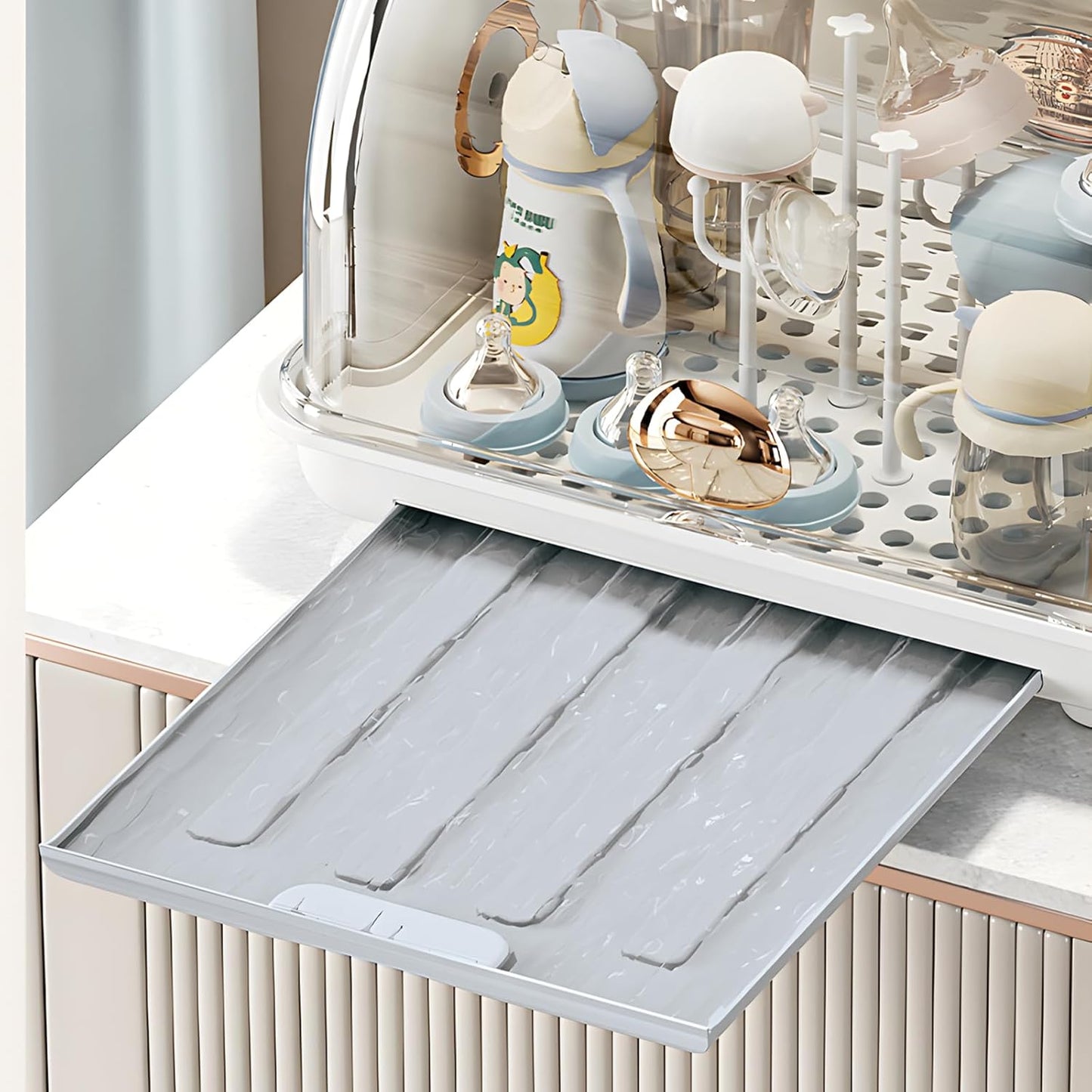 Baby Bottle Drying Rack Storage, Nursing Bottle Storage Box Organizer with Cover, Portable Kitchen Cabinet Organizer, Durable countertop Dryer (Grey)