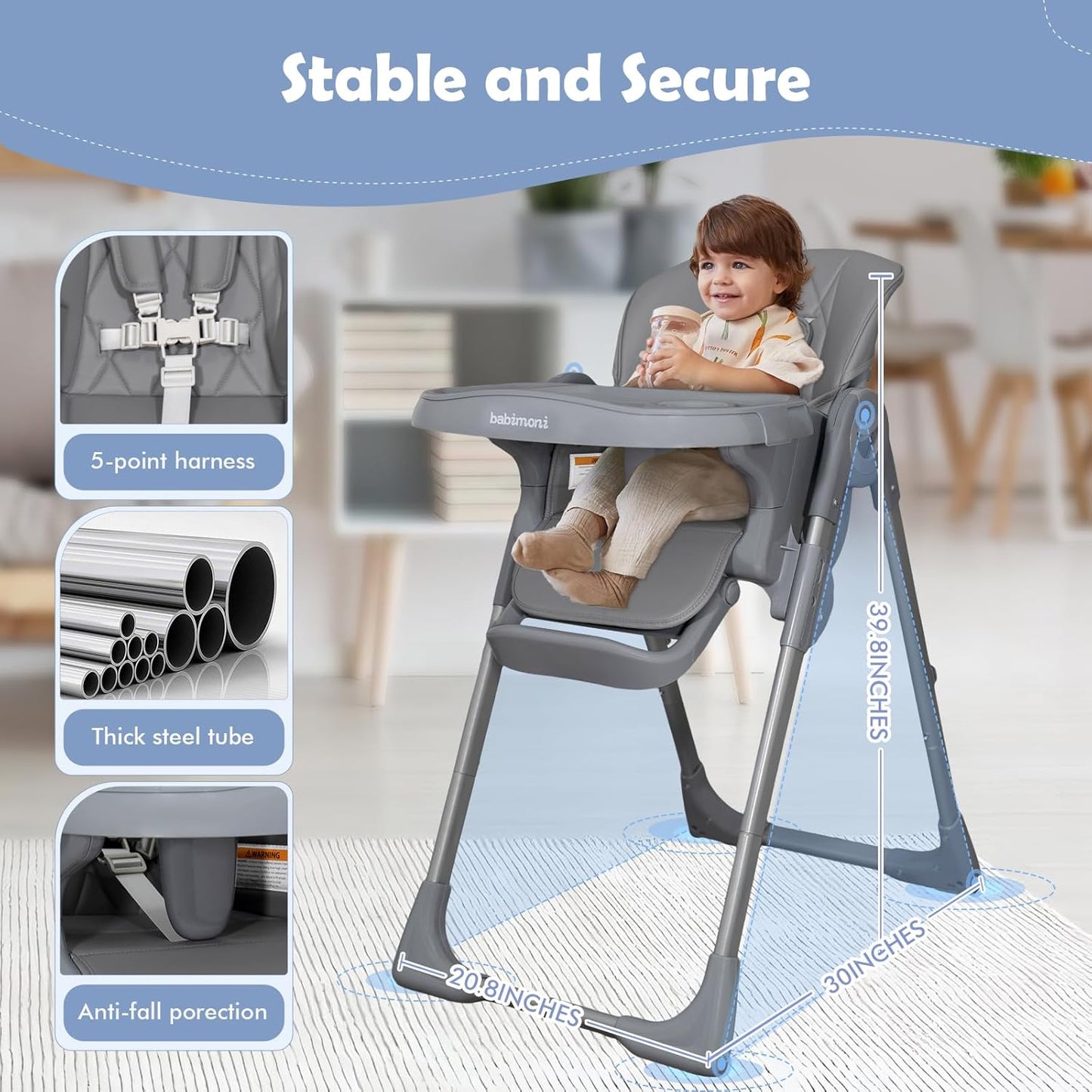 4 in 1 High Chairs for Babies and Toddlers, Foldable Baby High Chairs, Feeding and Eating Seat Highchair with 4 Levels of Recline and 7 Levels of Height Adjustment, Starry Gray