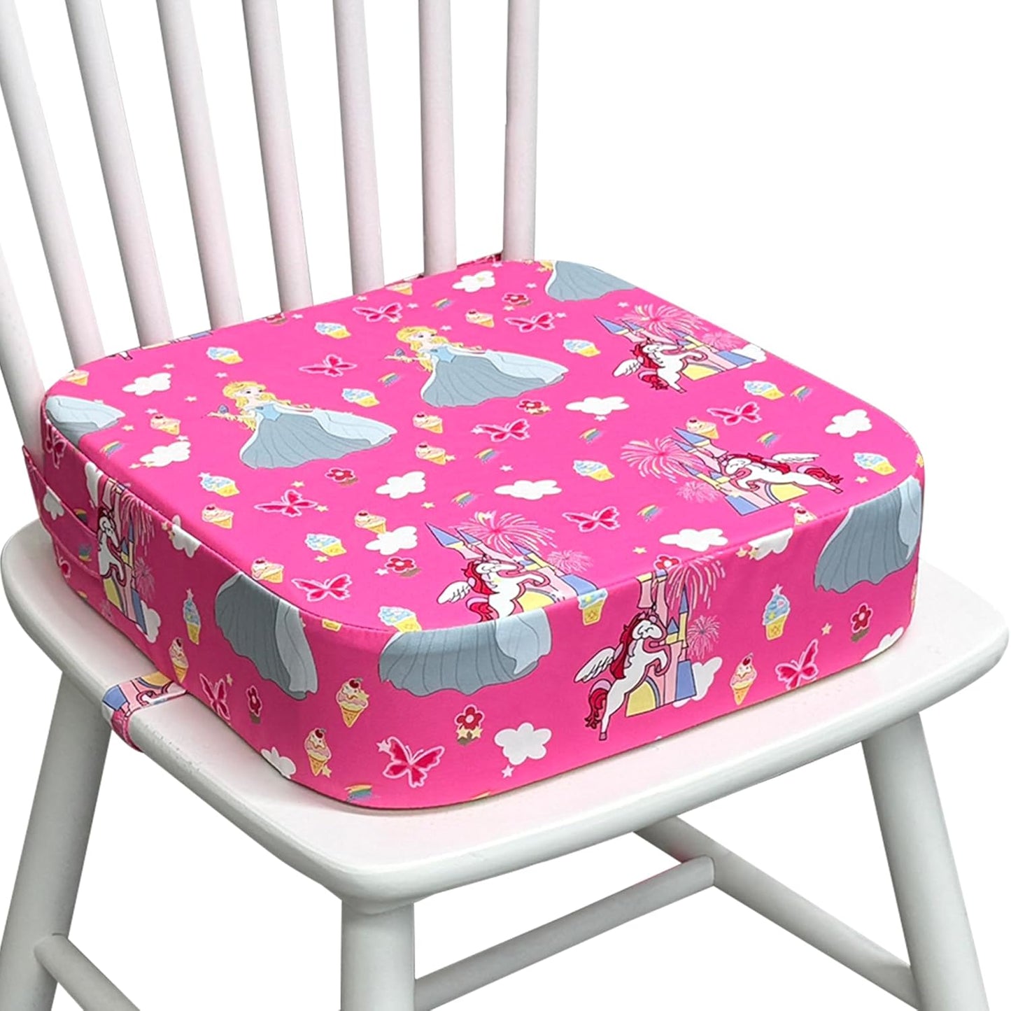 Toddler Booster Seat for Kitchen Chair, 3.5" Oxford Foam Cushion, Non-Slip Base, Adjustable Straps, Portable Dining Booster for Self-Feeding Toddlers at Home or on The Go (Pink Castle)