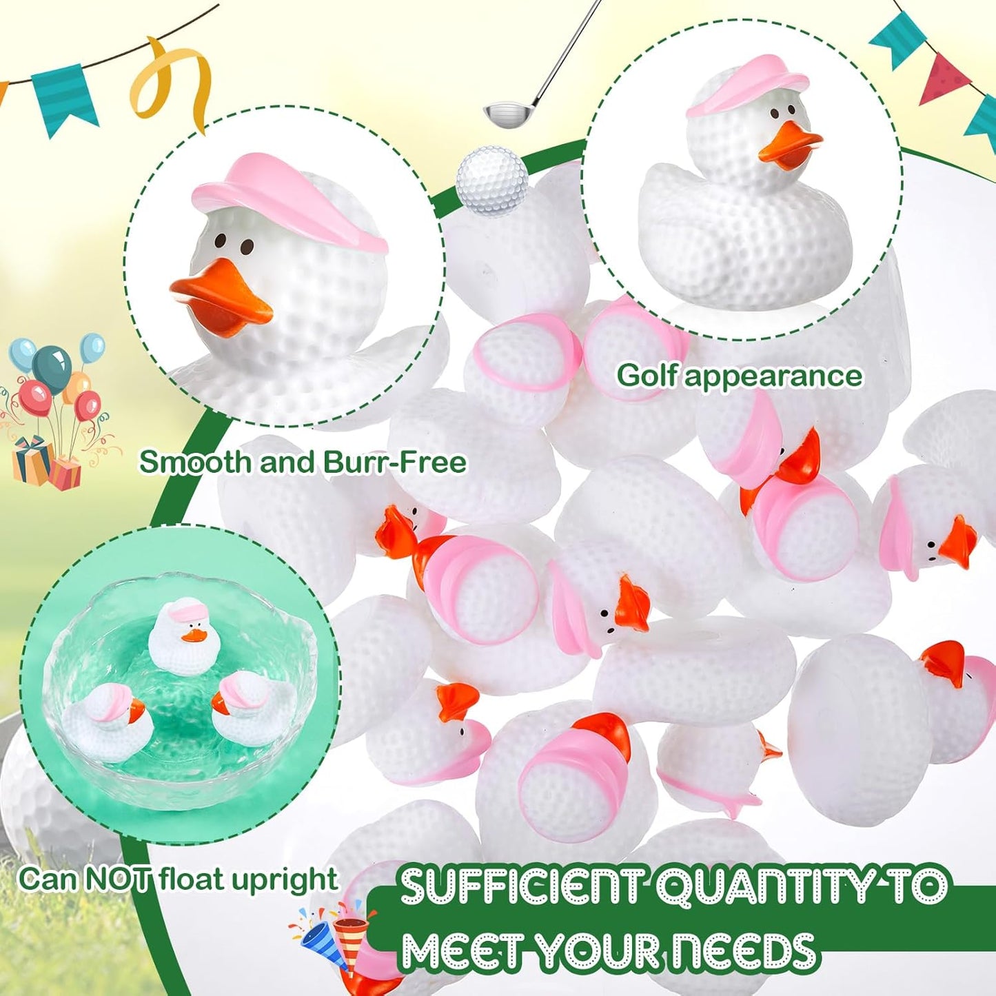 Deekin 24 Pcs Rubber Duck 2 Inch Bulk Sport Party Favors for Birthday Party Decorations Club Player Gift (Pink Golf)