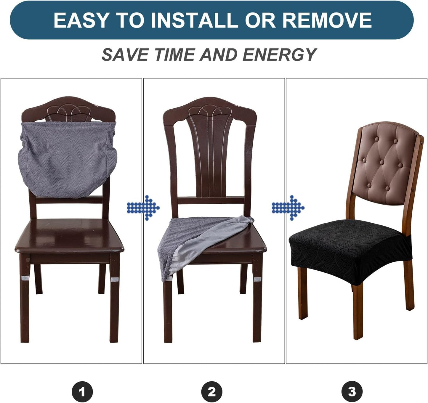 Removable and Washable Seat Covers for Dining Room Chairs Set of 6 - Waterproof Stretch Chair Seat Slipcovers, No Back Covers