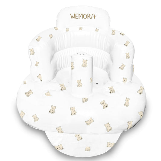 Inflatable Baby Seat for Babies 3-36 Months Blow Up Chair for Babies Infants Toddler Floor Sitting Up with Built in Air Pump (White, Bear.)