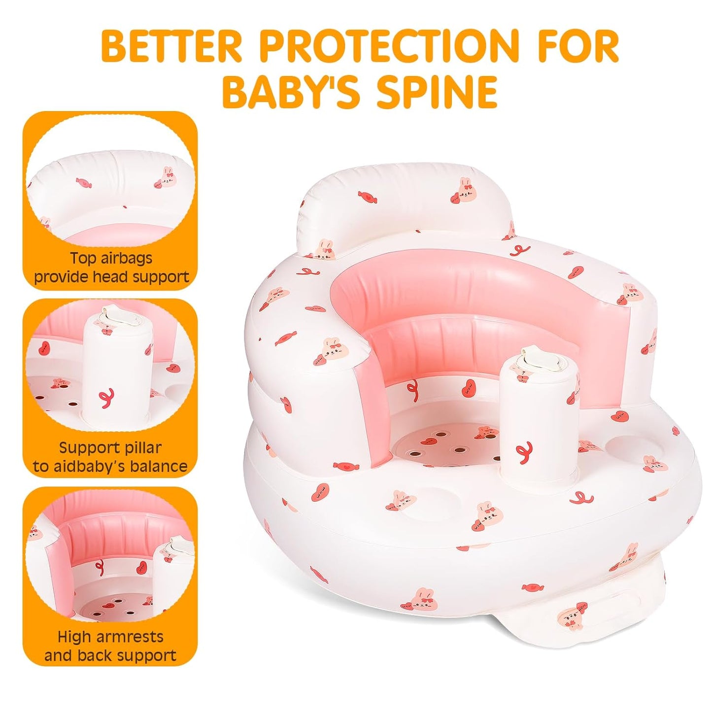 Baby Camping Chair, Inflatable Seat for Babies 3-36 Months, Baby Sit Up Chair with Built in Pump - Pink Bunny