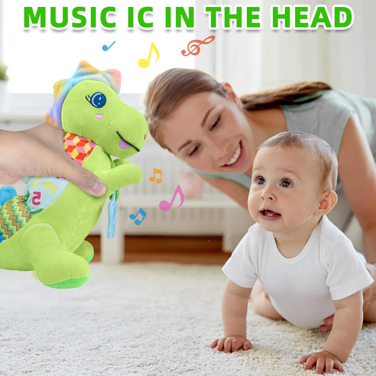 Baby Dino Musical Stuffed Animal Toys for 0-3-6-9-12 Months，Infant Dinosaur Tummy Time Toys with Crinkle Sound Paper,Teether，Textures & Rattles for Newborn Boys Girls Birthday Gifts，Green