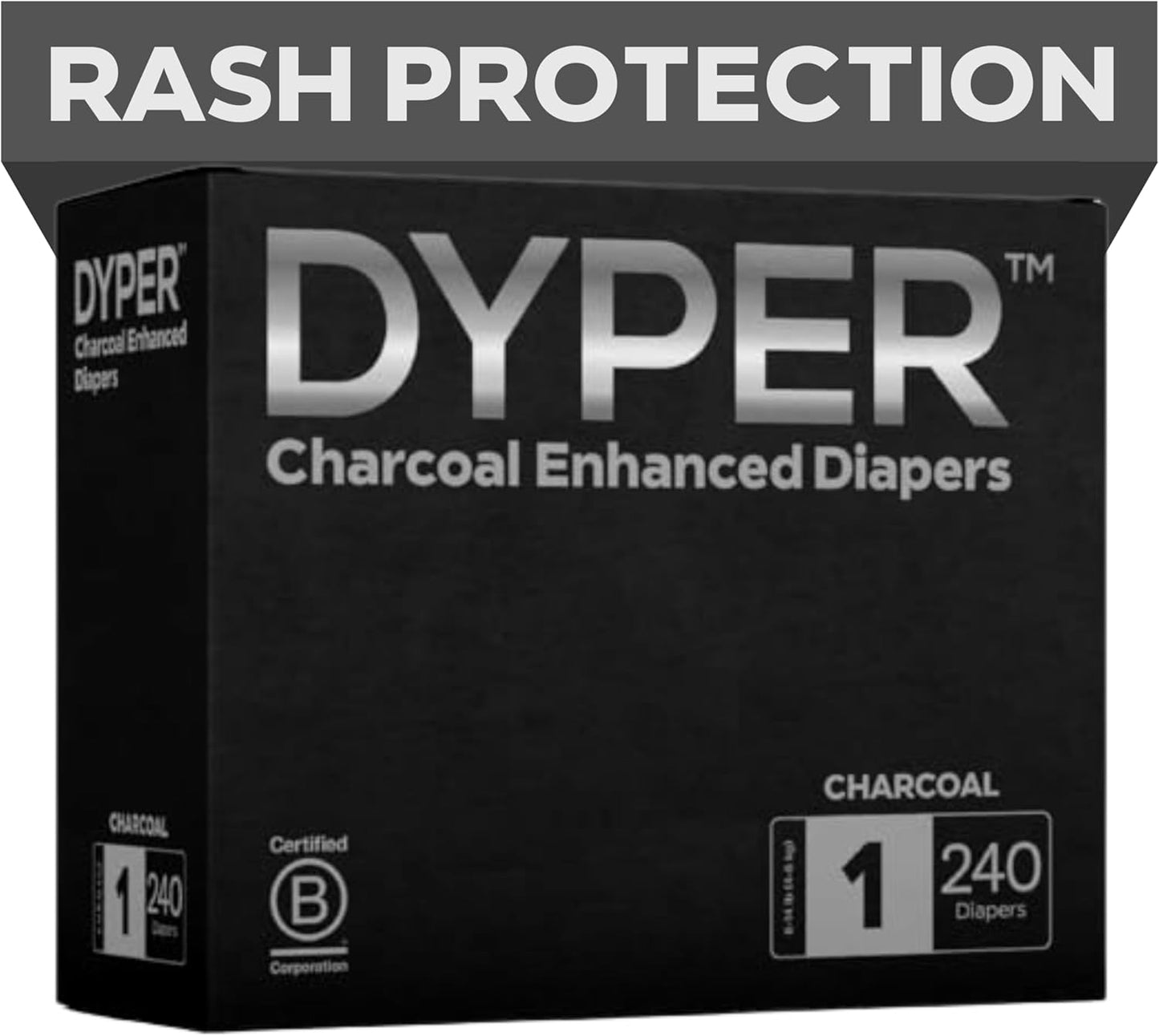 DYPER - Charcoal Enhanced Day & Overnight Disposable Baby Diapers - Made with Plant-Based* & Honest Ingredients, Hypoallergenic for Sensitive Skin - Size 1, (240 Count)