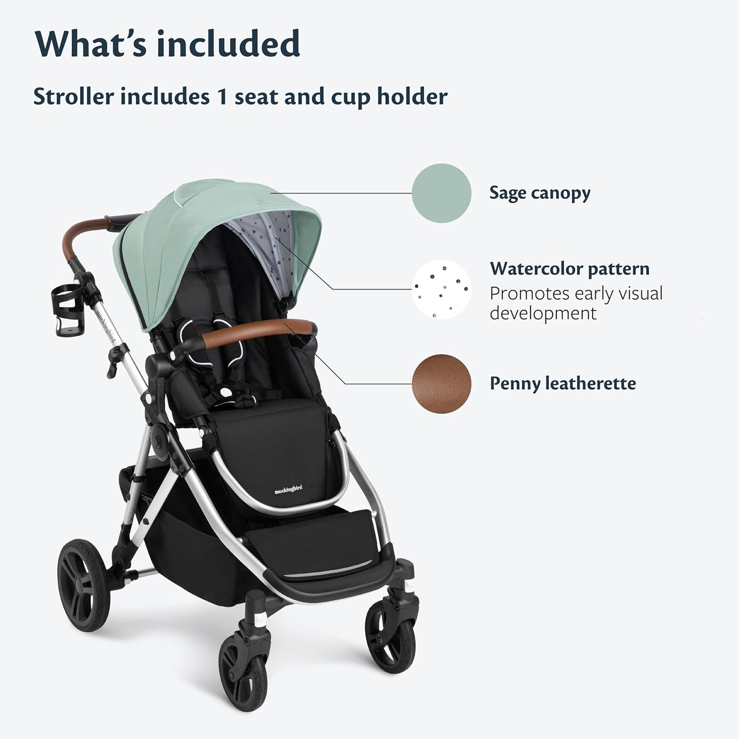 Mockingbird Single-to-Double Stroller 2.0 - Convertible Full-Size Baby Stroller for 1, 2 or 3 Kids - Includes Cup Holder - Sage