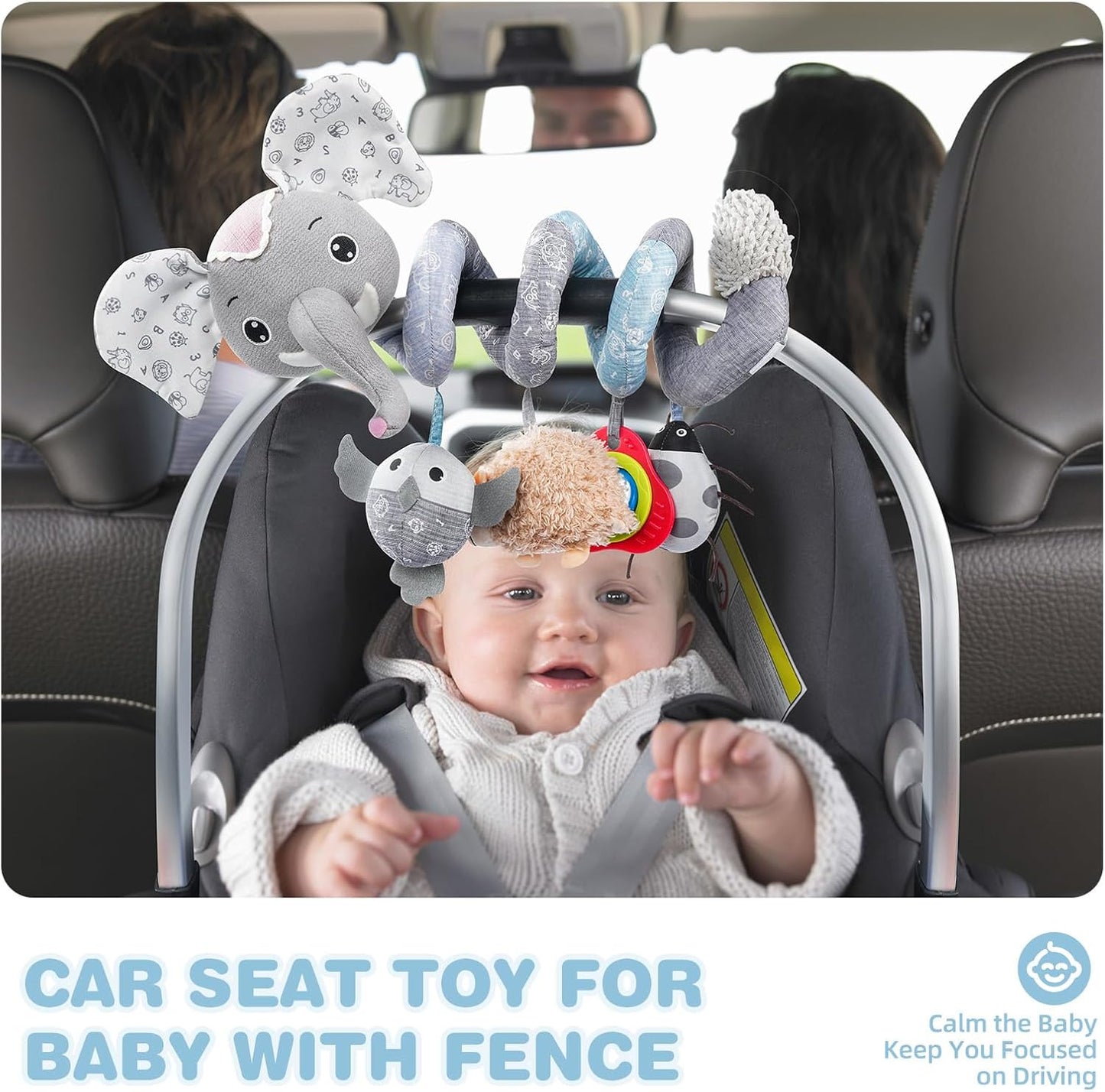 Jollybaby Crib Stroller Car Seat Toys for Baby 0-3-6-9-12 Months, Tummy Time Hanging Sensory Toys for Newborn with Music Box and Teether, Spiral Carseat Toy for Boys Girls Gifts (09-Sz Gray Elephant)
