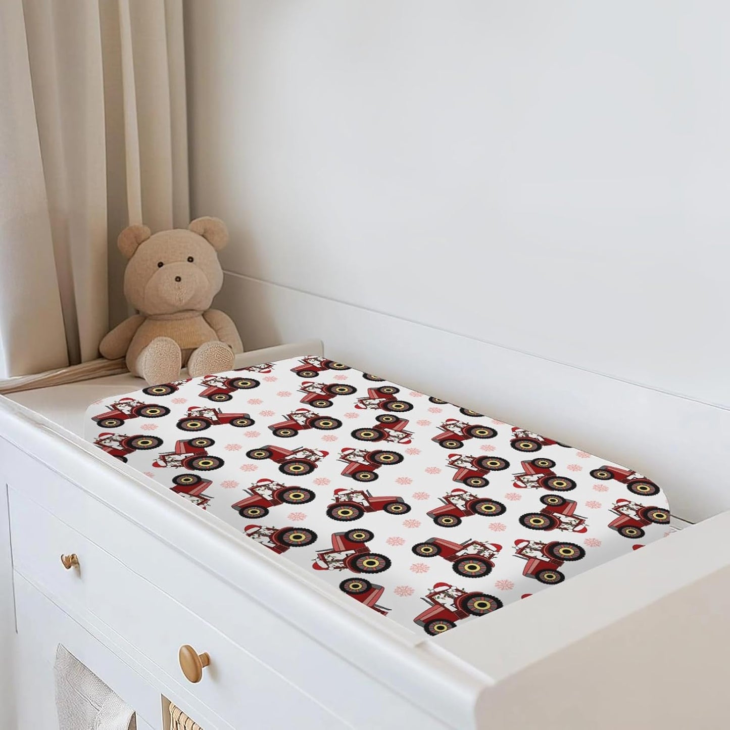 Red Tractors Snowflakes Baby Changing Pad Covers for Boy Girl Christmas Farm Tractor Harvest Fitted Change Table Cover Mats Farmhouse Trucks Vehicle Soft Diaper Changing Table Sheets 32''×16''