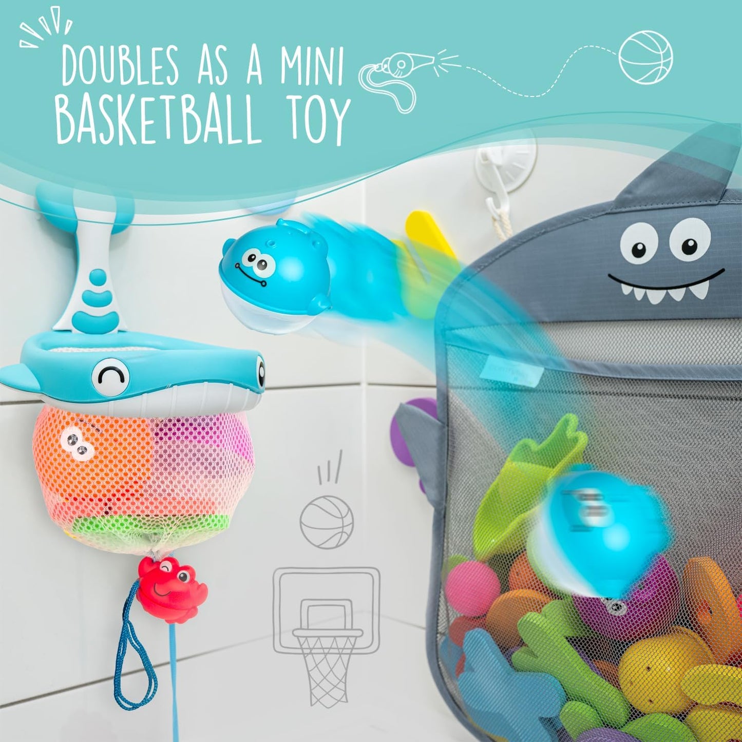 Comfylife Baby Bath Toy Organizer - Bath Toy Storage for Shower - Bathtub Toy Organizer Includes Foam Bath Toys (Numbers & Letters & Squirty Toys) + Extra Net That Doubles as a Toy