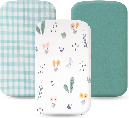 100% Jersey Cotton Bassinet Sheets 20" x 33" Fits Angelbliss, YADAQE, wayfong, Maxi-COSI, BIERUM and Papablic Baby Bassinet, Super Soft and Breathable Fitted Sheets, 3 Pack, Green