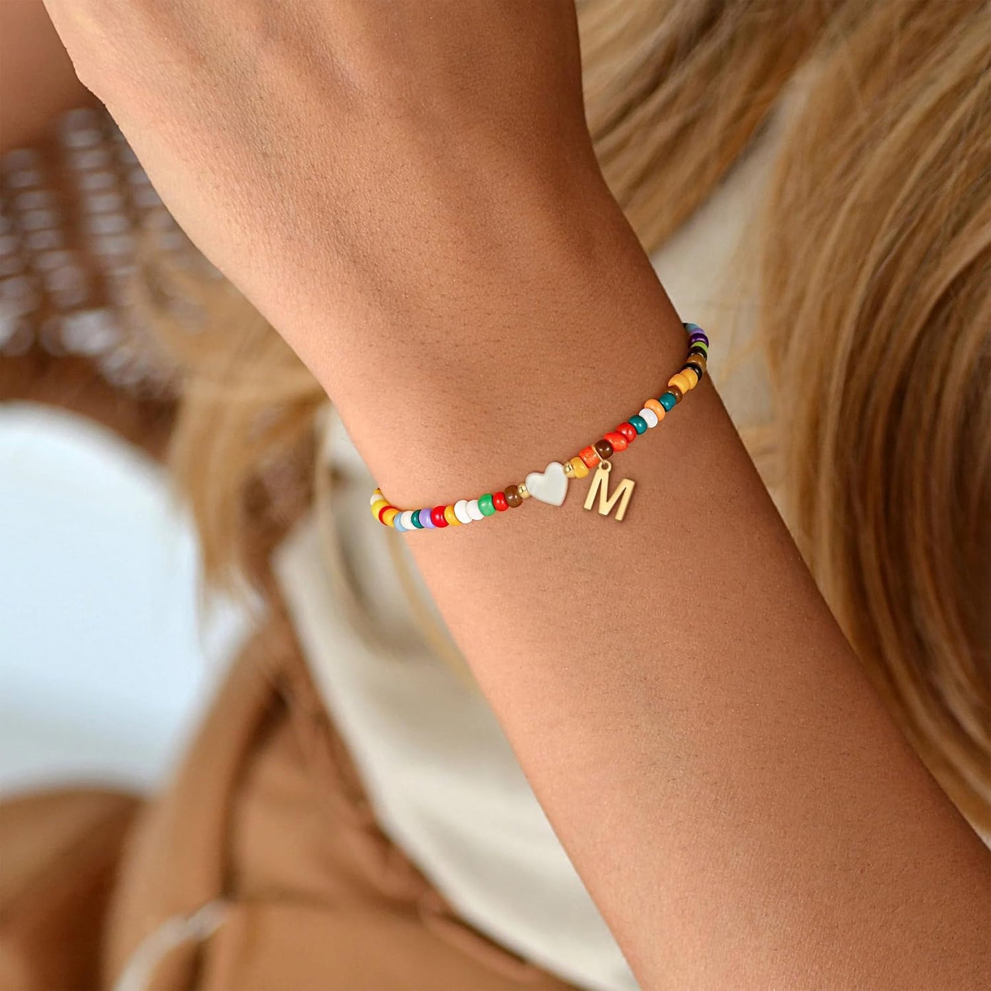 Christmas Gifts for Grandkids Teens Girls - Cute Beaded Heart Initial Bracelets for Women Teen Girl Trendy Stuff, Birthday Gifts Stocking Stuffers for Teen Girls Women Jewelry
