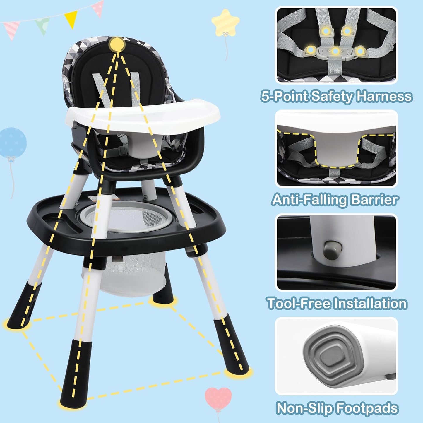 Xilingol 15-in-1 Convertible High Chair, 2-in-1 Baby Highchair & Activity Center W/Toys, Booster Seat | Building Block Table | Toddler Chair W/Removable Tray & 5-Point Harness & 2-Layer Cushion(Black)