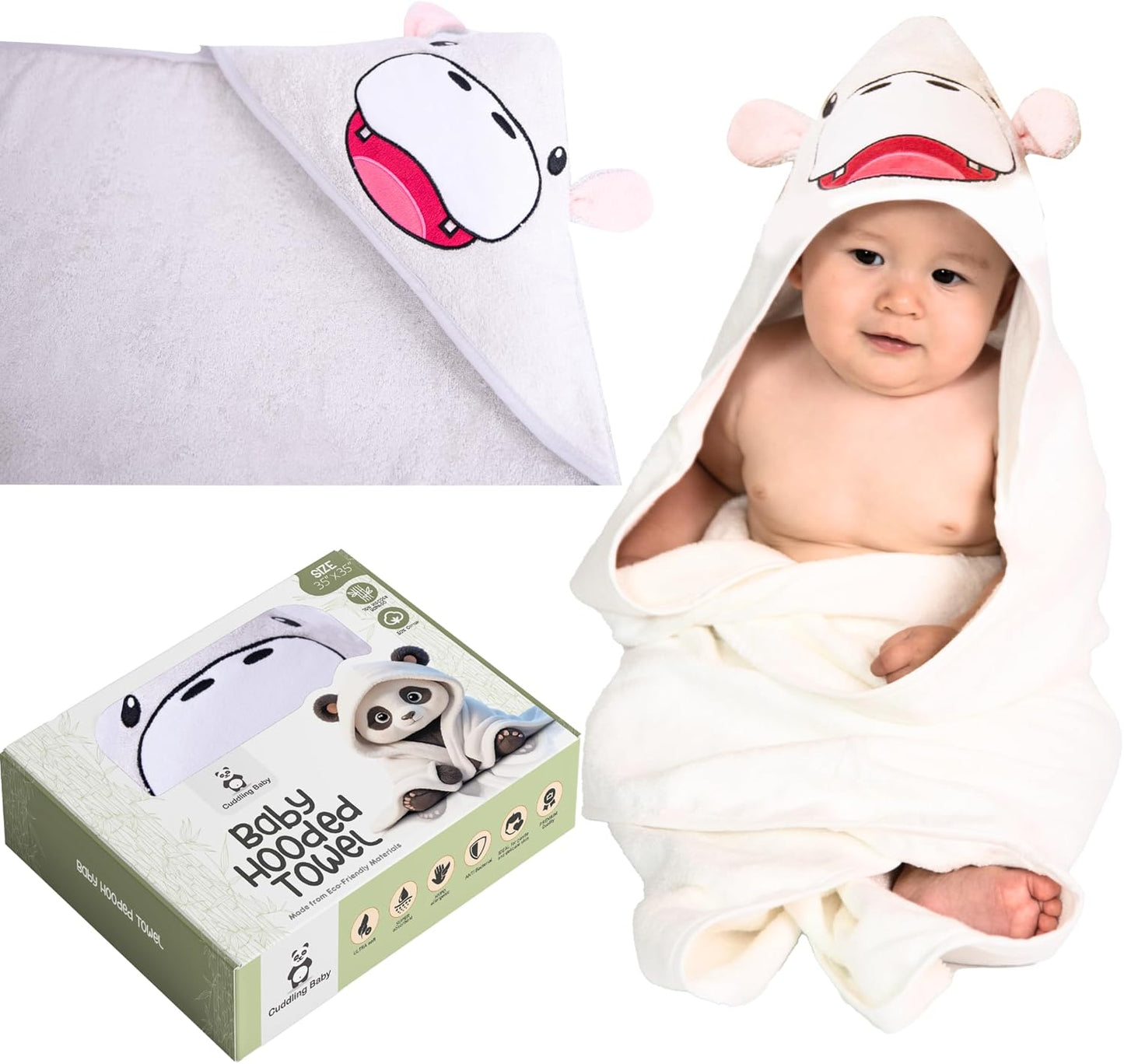 Premium Hooded Towel - 500GSM Viscose derived from Bamboo Baby Towels - Ultra Soft & Absorbent, Extra Large 35” x 35”, Hypoallergenic, Machine Washable Toddler Towel - Hippopotamus