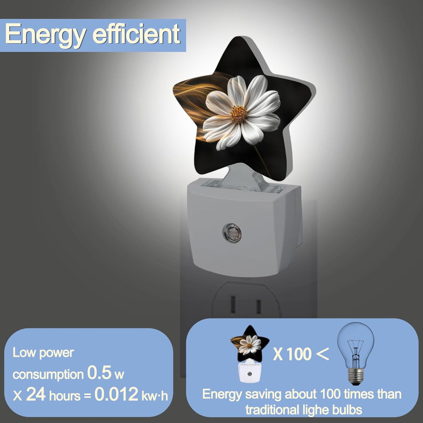 White Daisy Flower Dusk to Dawn Star Night Light,Abstract Floral Smart Sensor Nightlight for Bedroom Kitchen Hallway Stairs,Plug-in Energy Efficient Decor Desk Lamp Women Men Gifts