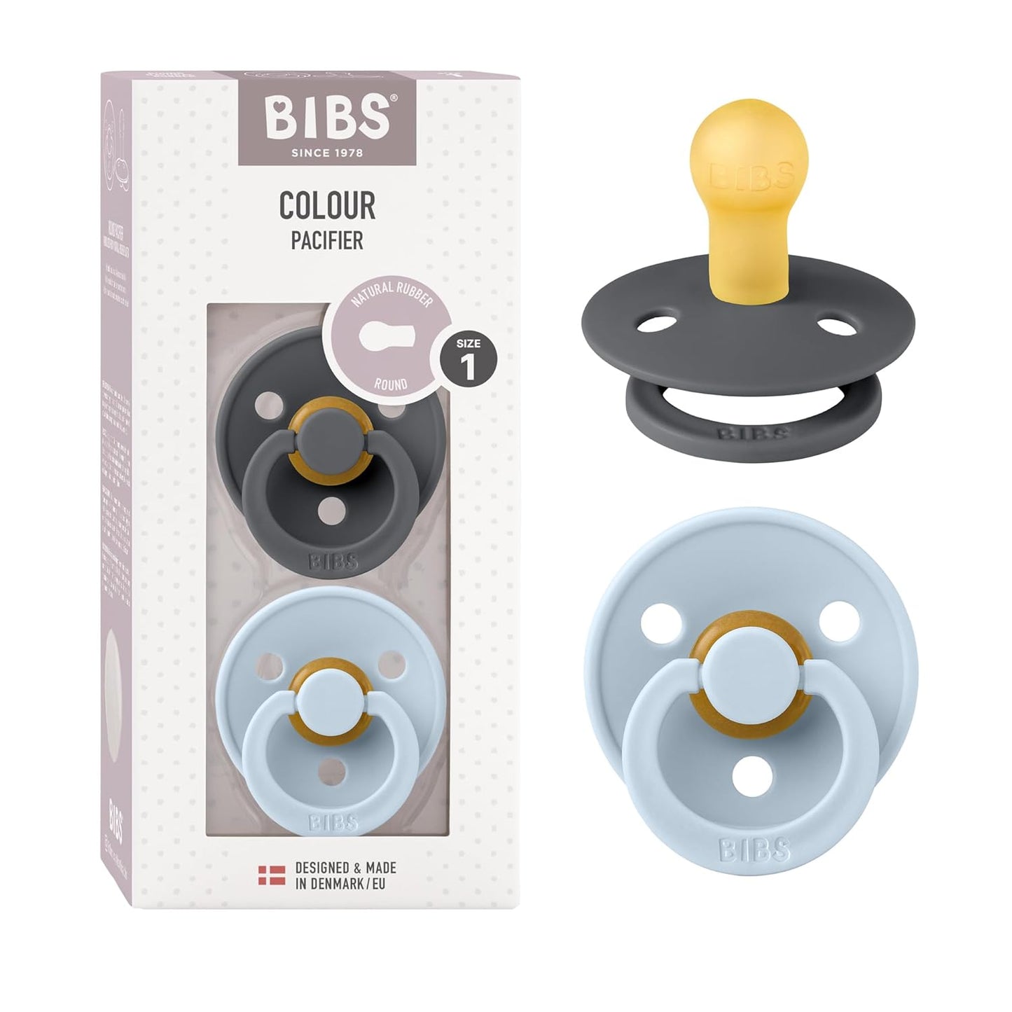 BIBS Pacifiers Colour Collection | Natural Rubber Baby Pacifier | Set of 2 BPA-Free Soothers | Made in Denmark | 0+ Months (Pack of 2) | Baby Blue/Iron