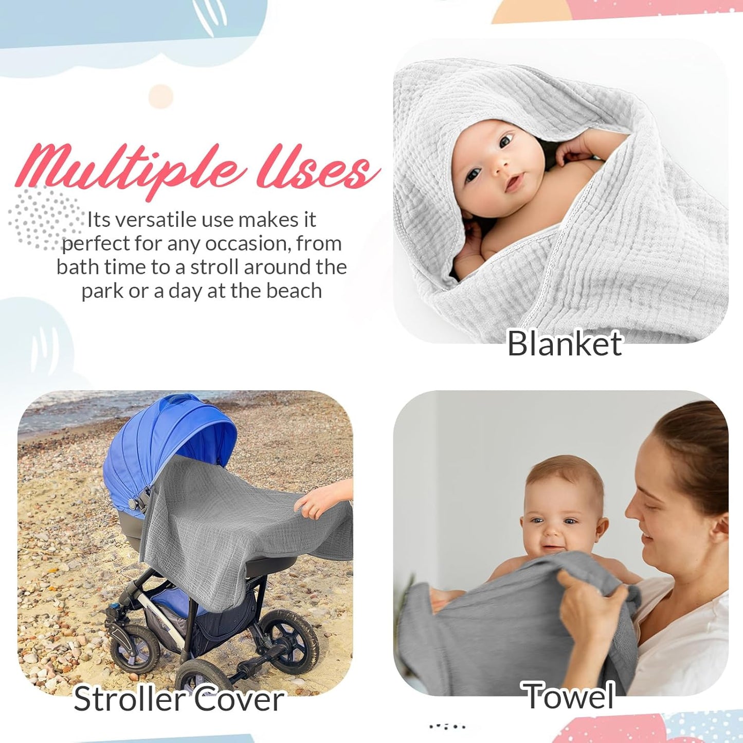 6 Pcs Muslin Hooded Bath Towels Washcloths and Bibs Set, Muslin Cotton Baby Towels Absorbent Hooded Blanket Towel Infant Bibs for Boys Girls Newborn Infant Essentials(White, Light Gray)