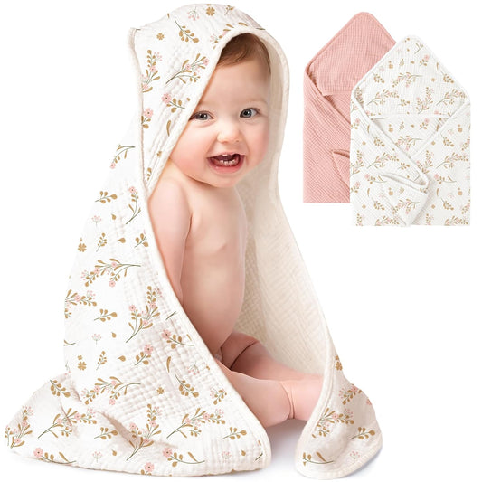Konssy 2-Pack Muslin Hooded Baby Towels, 100% Cotton, Ultra-Soft & Absorbent Baby Bath Towels with Hood for Newborn & Infant (Pink, Floral,32" x 32")