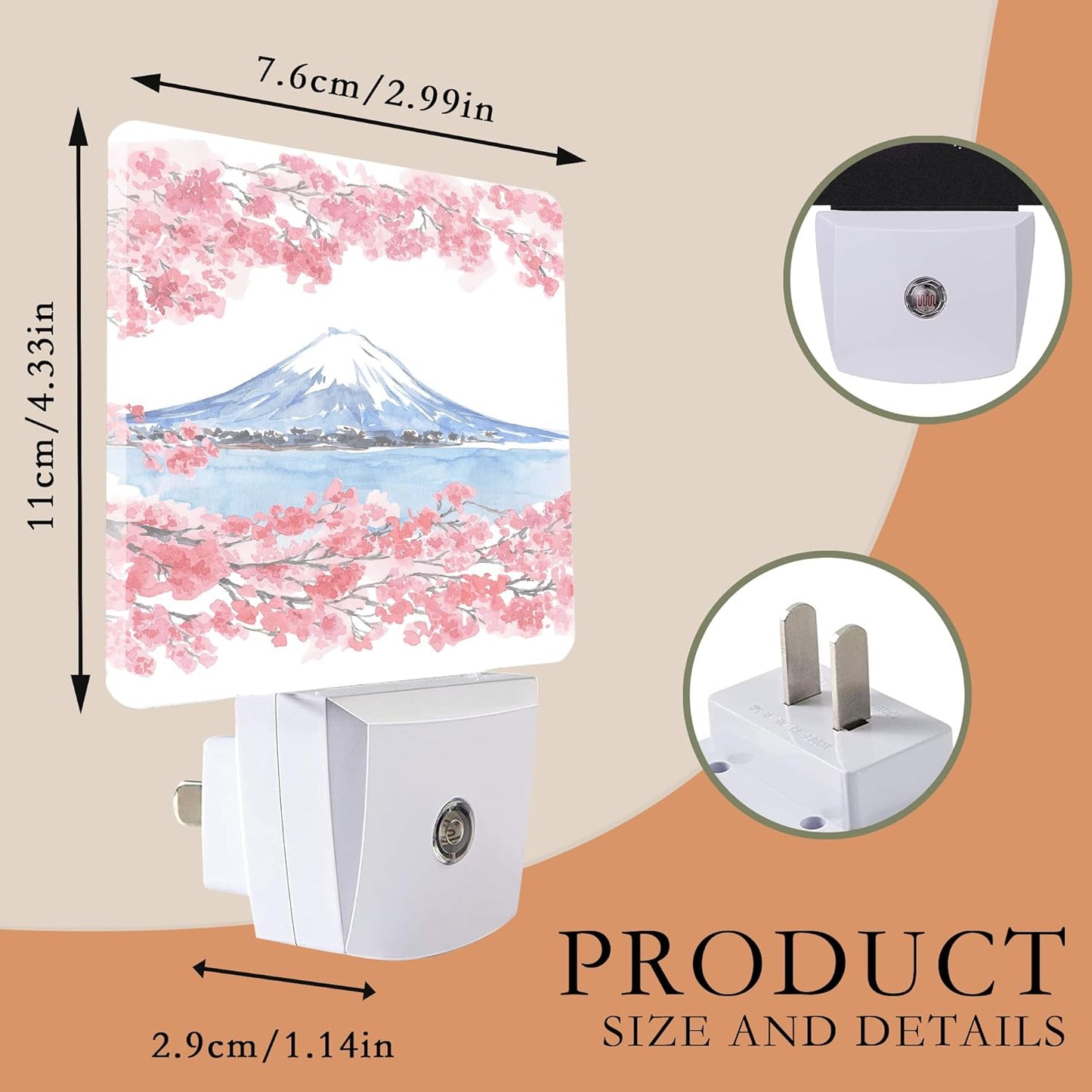 Cherry Blossoms Night Light,Mountain Fuji Plug-in Wall Led Night Lights Decor for Boys Girls Room,Dusk to Dawn Sensor Wall Lamp for Stairway/Hallway/Kitchen,0.5W