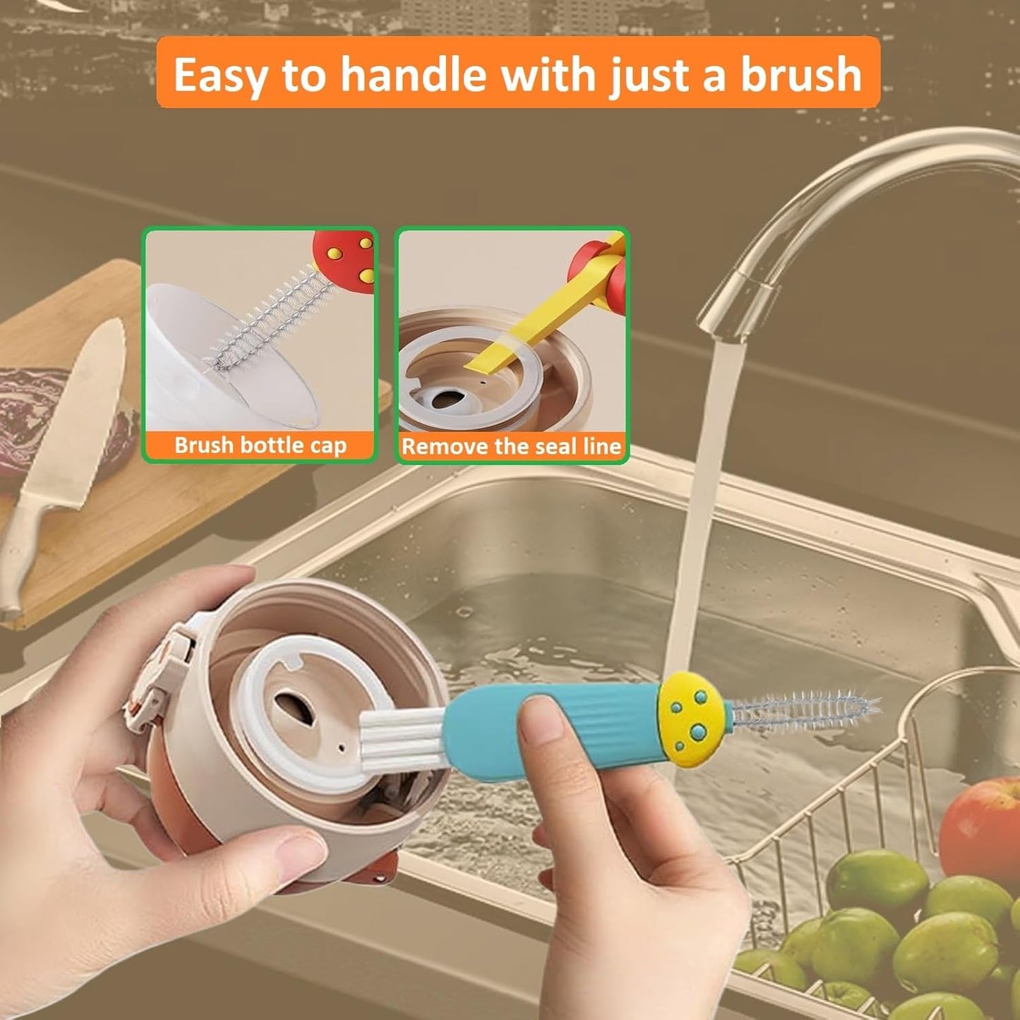 Mini Bottle Brush- Deep Clean Bottle Necks, Straws & Cup Lids, 3-in-1 Tight Space Scrubber for Water Bottles, Travel Mugs, Home Kitchen&Office. Dishwasher Safe(Green)