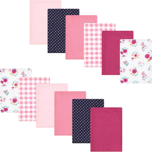 Luvable Friends Hudson Baby Flannel Burp Cloths 12pk, Pink Butterfly Meadow