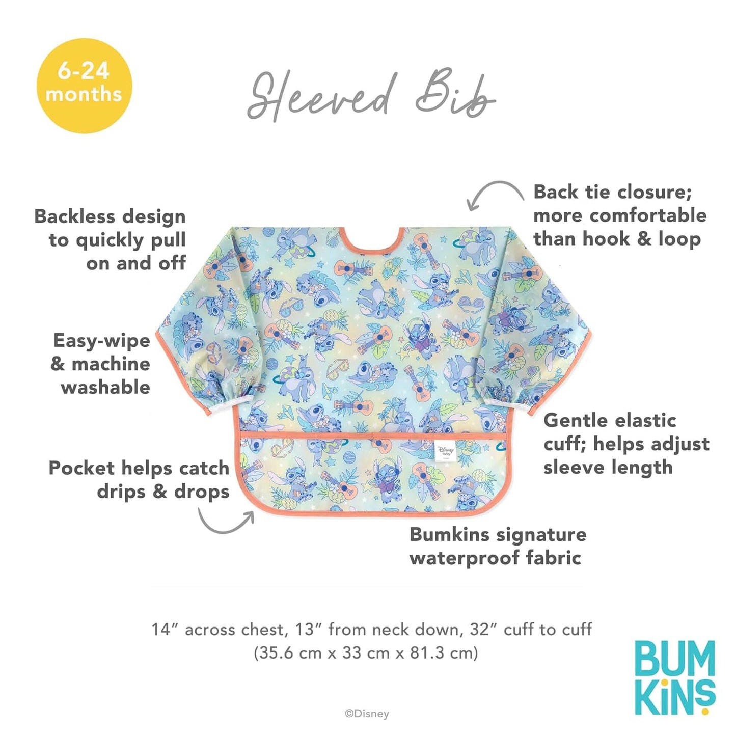 Bumkins Disney Sleeved Bib for Girl or Boy, Baby and Toddler for 6-24 Mos, Essential Must Have for Eating, Feeding, Baby Led Weaning Supplies, Long Sleeve Mess Saving Food Catcher, Aloha Stitch