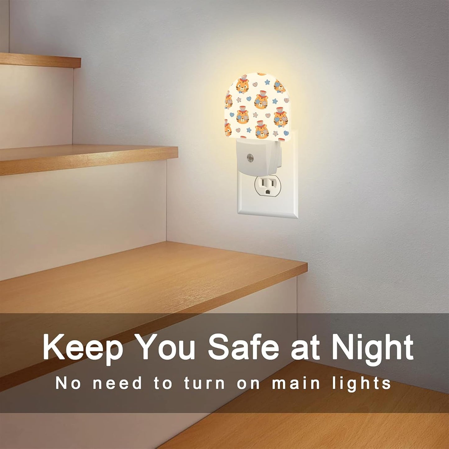 American Flag and Cute Tigers Night Light Plug into Wall, Cartoon Animals Patriotic Dusk to Dawn Night Light,0.5w Energy Saving Sleep Friendly Nightlights for Kids Boys Girls Home