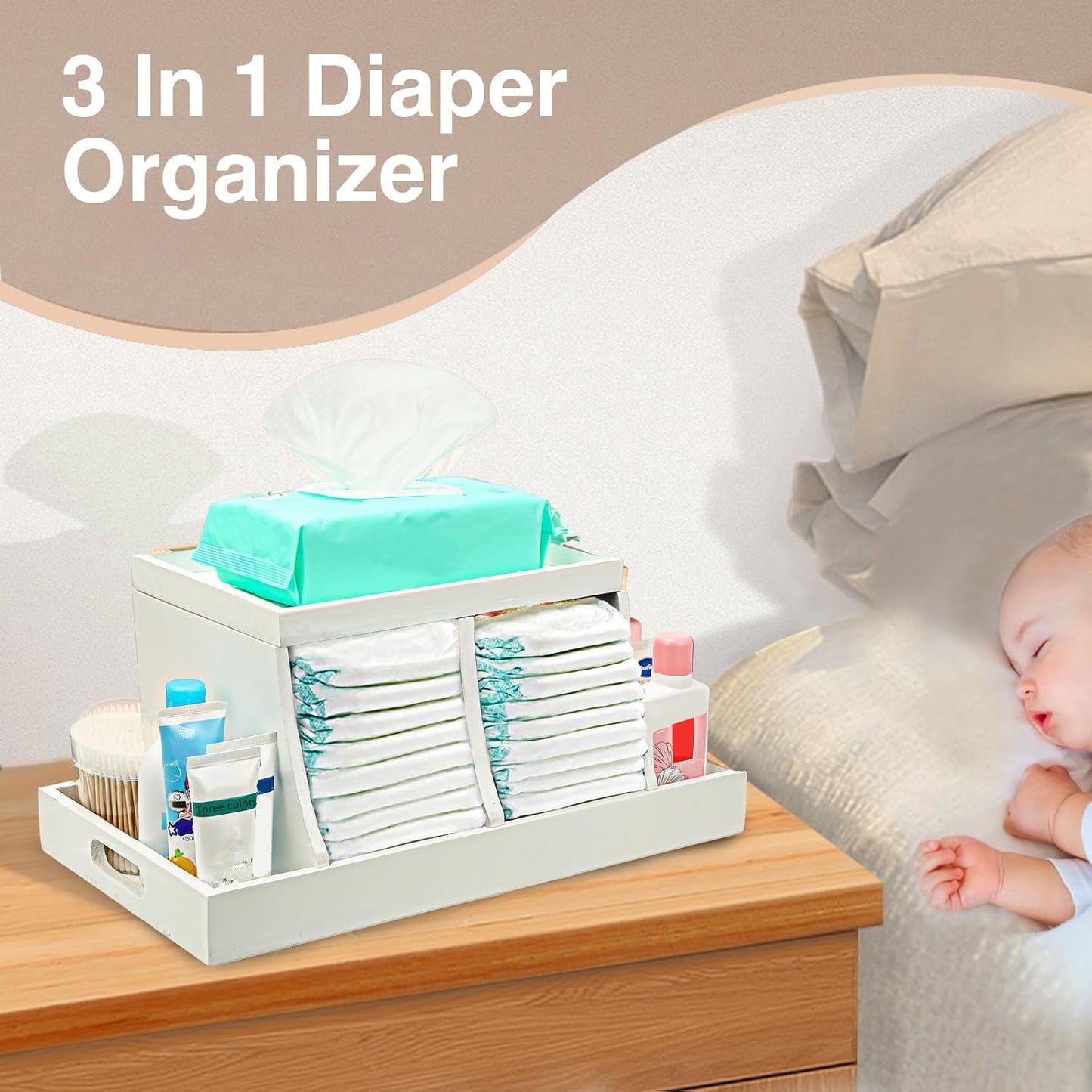Three colors Diaper Organizer, Wooden Diaper Caddy Organizer, Changing Table Organizer, Diaper Storage Organizer, Nursery Baby Organization (White)