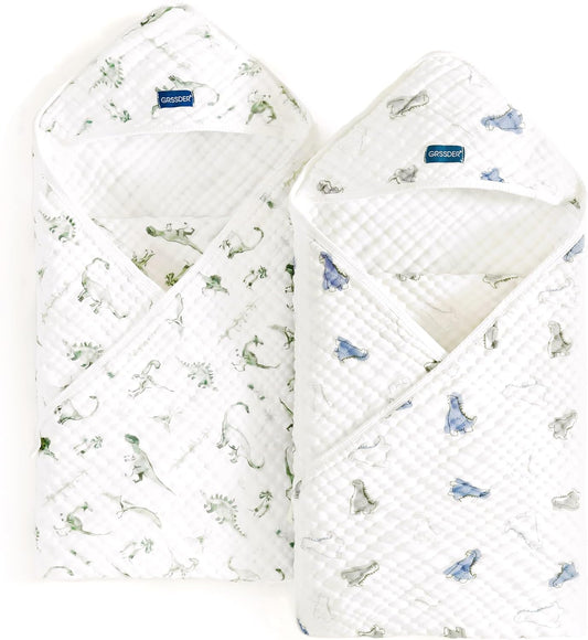 GRSSDER Ultra Soft Absorbent Muslin Cotton Baby Hooded Towel 2 Pack with Original Patterns, Extra Large Size 35"x 35" Swaddle Wrap for Newborn Infant and Toddler
